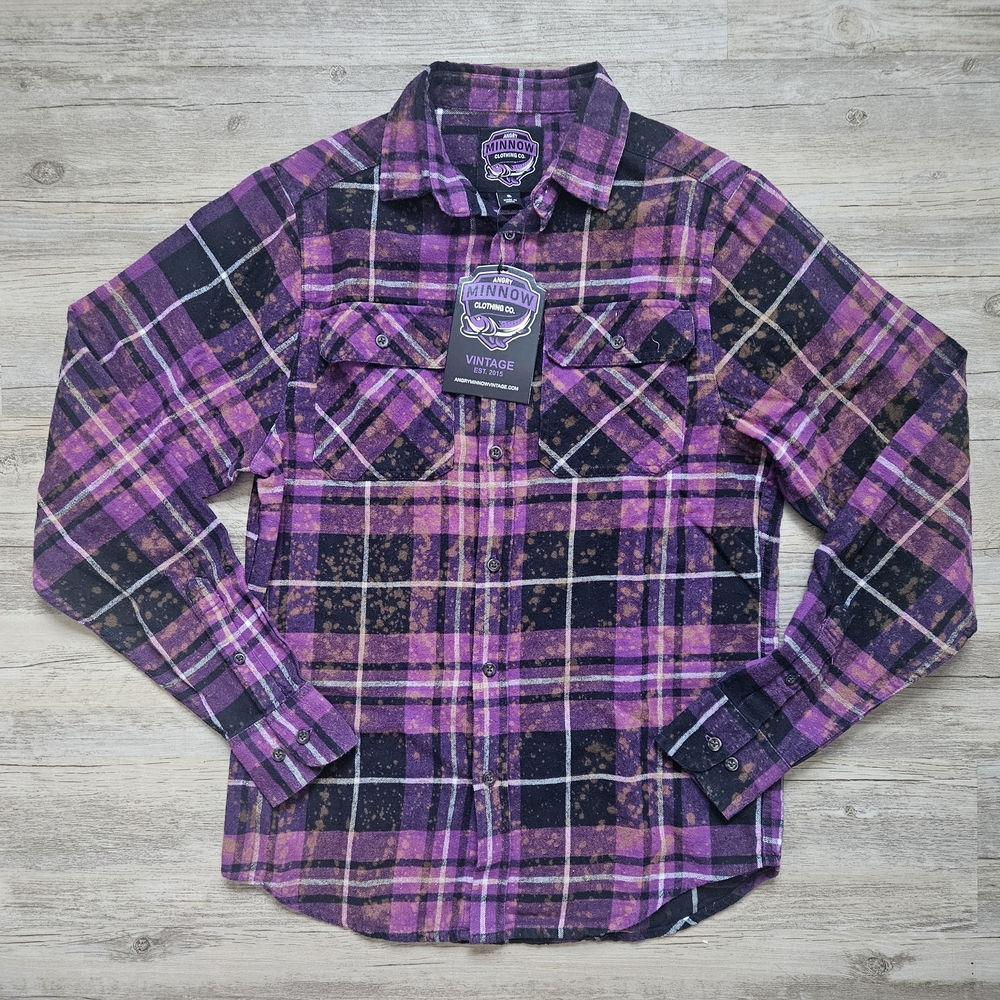 NWT Men's Angry Minnow Vintage Black And Purple Plaid Flannel Shirt Small